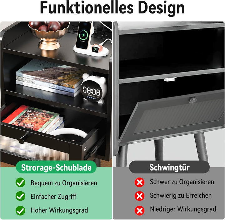 Nachttisch mit Steckdose und Ladefunktion, 2 AC-Steckdosen, 2 USB-Anschlüsse, Nachtschrank mit 16 Fa