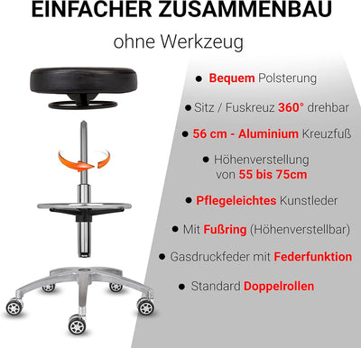 Staboos Rollhocker bis 160 kg - Rundsitz mit Ringauslösung - Drehhocker (Rollen und Fussstütze) Prax