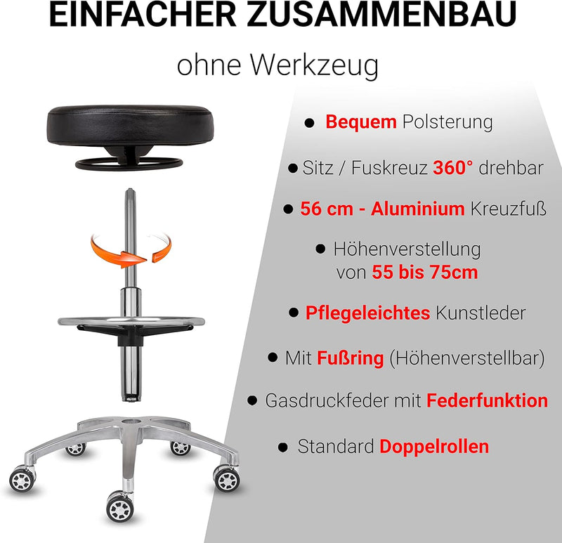 Staboos Rollhocker bis 160 kg - Rundsitz mit Ringauslösung - Drehhocker (Rollen und Fussstütze) Prax