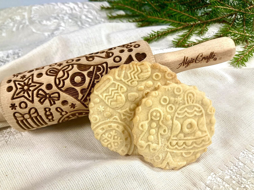 Weihnachtsspass Kinder Nudelholz mit Muster Weihnachten Backen 3-er SET - Teigroller Holz für DIY We