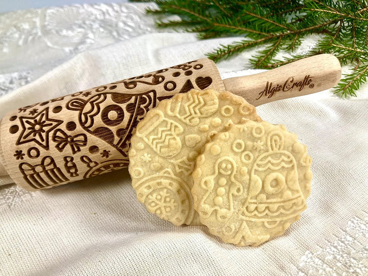 Weihnachtsspass Kinder Nudelholz mit Muster Weihnachten Backen 3-er SET - Teigroller Holz für DIY We