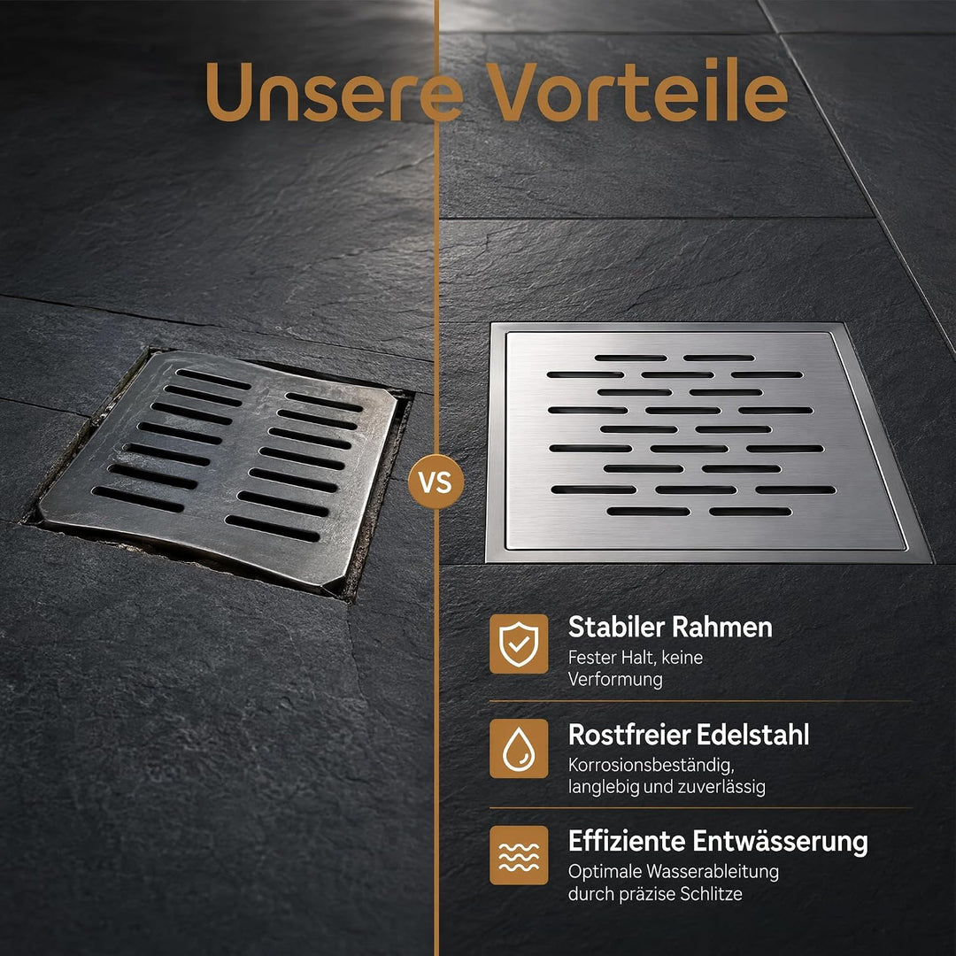 Bodenablauf Edelstahl 200×200 mm mit Rahmen, quadratisches Abflussgitter | Rostfreie Ablaufabdeckung