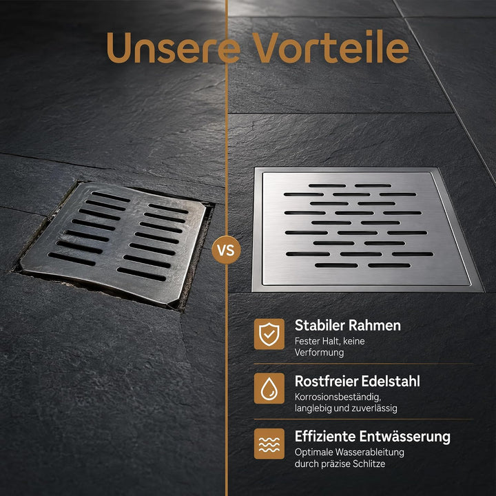 Bodenablauf Edelstahl 200×200 mm mit Rahmen, quadratisches Abflussgitter | Rostfreie Ablaufabdeckung