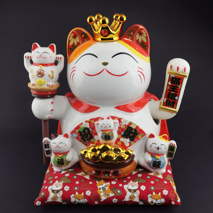Freak Scene Glückskatze Maneki-Neko Winkekatze Krone Porzellan 26cm weiss winkende Katze Lucky cat