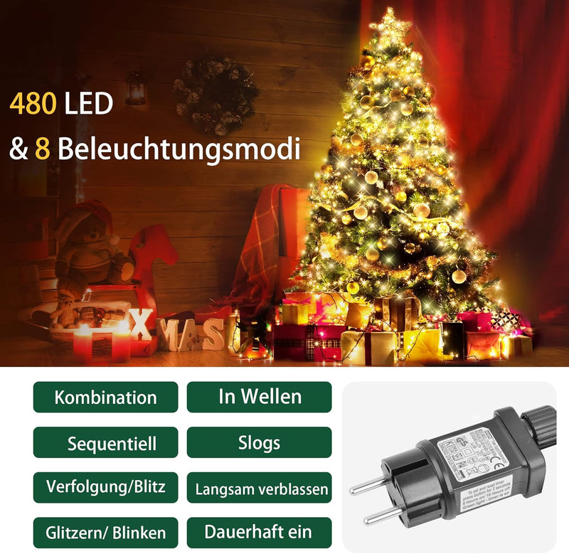 Weihnachtsbaum Lichterkette, 3M 480 LED 16 Stränge Christbaumbeleuchtung mit Ring, Enegie Sparen mit