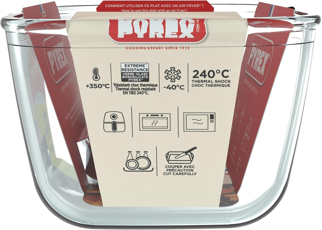 PYREX Ideal Air Fryer Glas-Backform 20 x 14 cm mit abnehmbarem Edelstahl-Clip-Griff für Dual-Korb-Lu