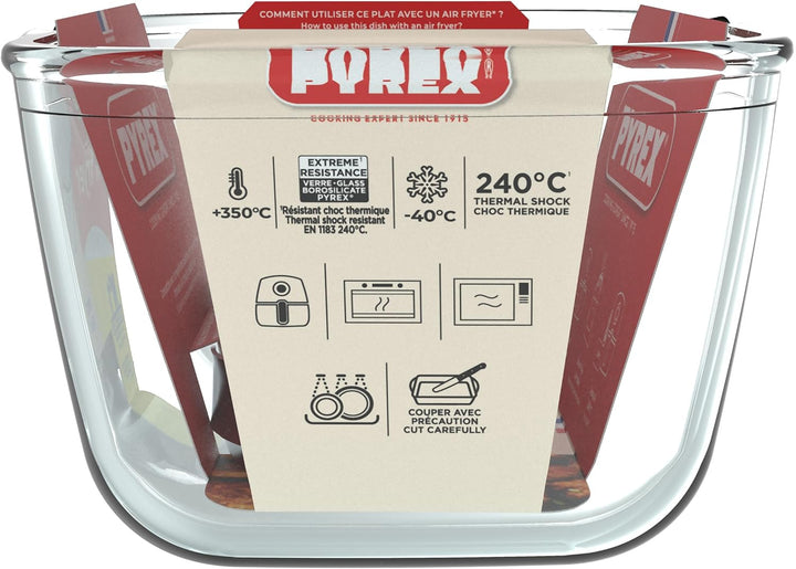 PYREX Ideal Air Fryer Glas-Backform 20 x 14 cm mit abnehmbarem Edelstahl-Clip-Griff für Dual-Korb-Lu