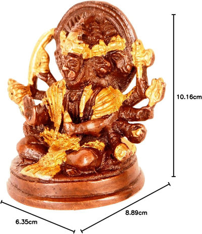 Purpledip Brass Idol Hanuman/Bajrangbali in Panchmukhi Avatar: Unique Copper Gold Finish for Home Te