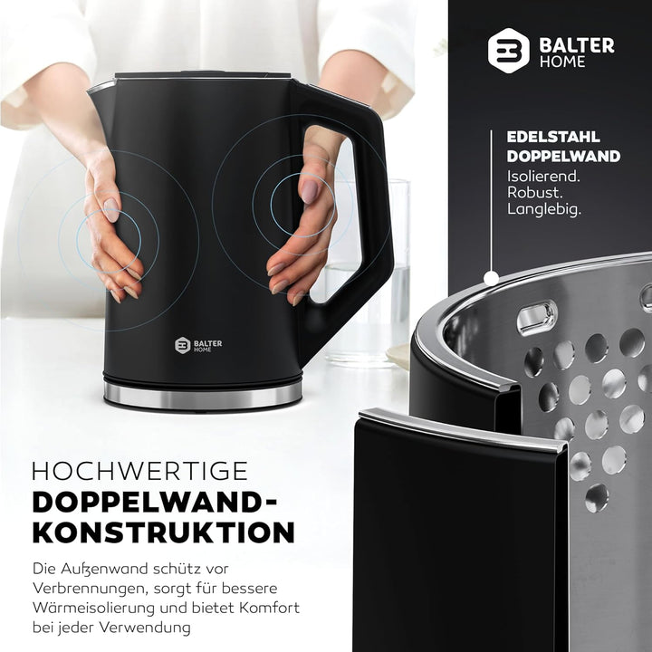 BALTER Edelstahl Wasserkocher mit Temperatureinstellung, 40°C-100°C, Doppelwand, BPA frei, leise & k