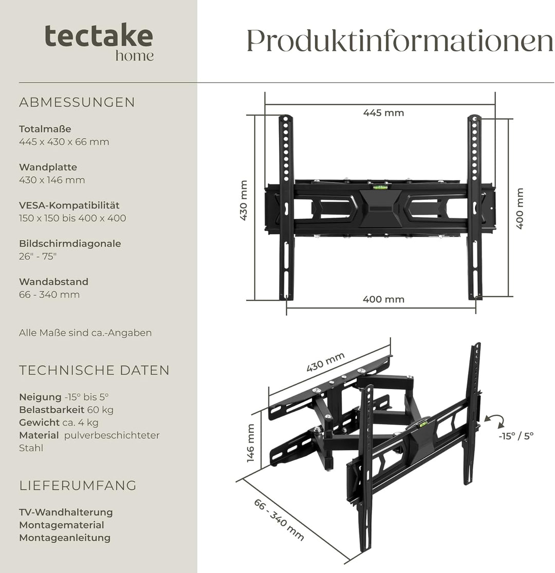 tectake® TV Wandhalterung schwenkbar, Fernseher Halterung neigbar, Monitor Halterung, Bildschirmhalt