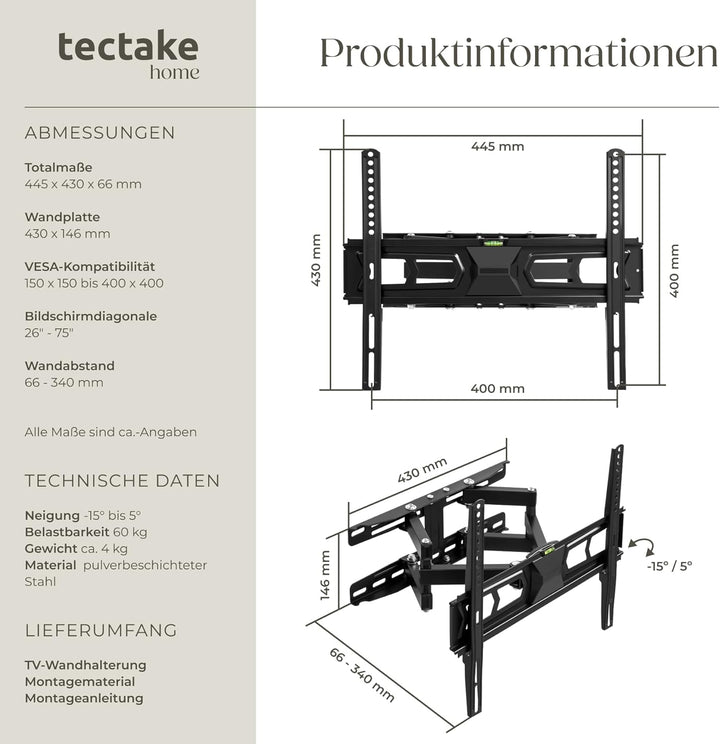 tectake® TV Wandhalterung schwenkbar, Fernseher Halterung neigbar, Monitor Halterung, Bildschirmhalt