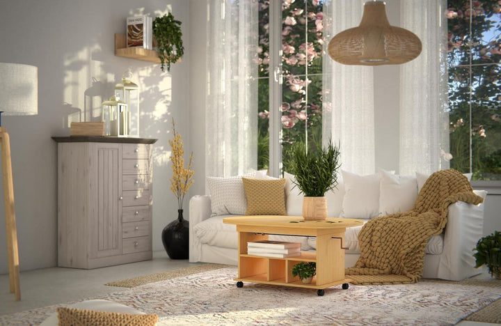 Hela Tische, Funktionscouchtisch Babsi, Holzwerkstoff melaminbeschichtet, Buche, höhenverstellbar 53