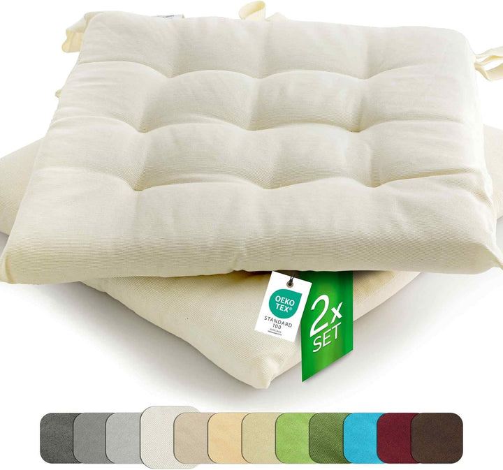etérea 2er Set Sitzkissen Outdoor 40x40 mit Bändern - Stuhlkissen Creme für Gartenstuhl & Innenberei
