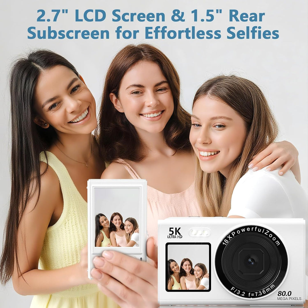 Digitalkamera 5K 80MP Kamera Fotokamera mit 2,4" LCD Screen & 1,5" Selfie Display, 18X Digitalzoom,
