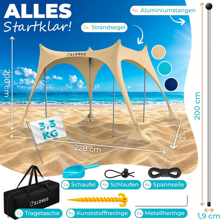 ELONEO Strandzelt, Sonnensegel Strand 228x214x200 cm, LSF 50+, Sonnenschutz für Strand mit Sandschau