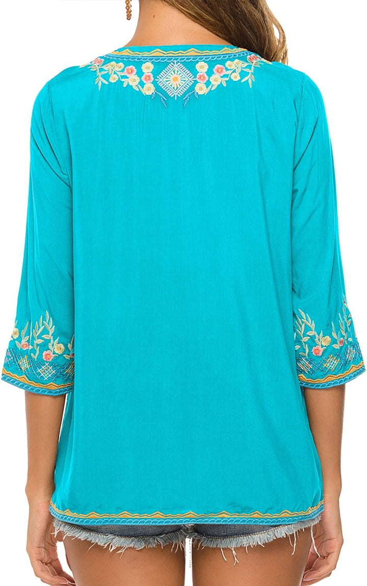 Vakakado Hippie Kleidung Damen Bohemian Folklore Stickerei Bluse 3/4 äRmel V Ausschnitt Tunika Somme