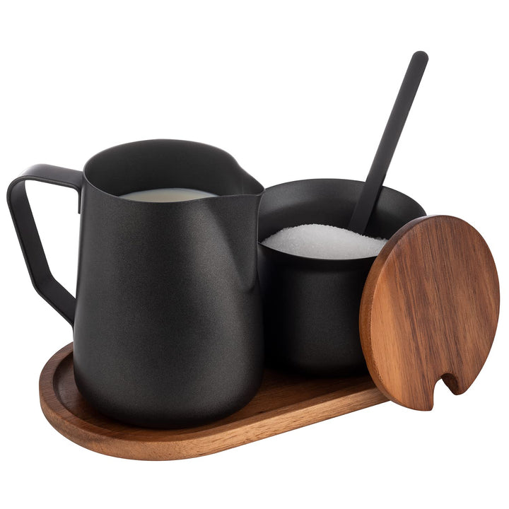APS 634 Milch- und Zucker-Set, 5-tlg. Set, Akazienholz, Edelstahl, antihaft beschichtet, schwarz, Sc