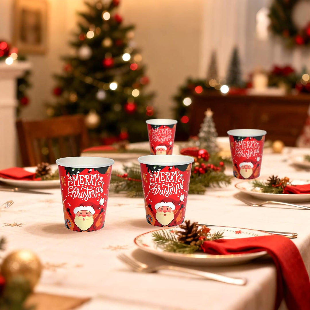 60 Stück Pappbecher WeihnachtsRot 9oz Party Tischdeko mit Cartoon Weihnachtsmann und Merry Christmas