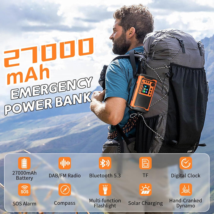 27000mAh DAB+/FM Notfallradio mit Powerbank – Tragbares Solar- & Kurbelradio mit Bluetooth 5.3, SOS,