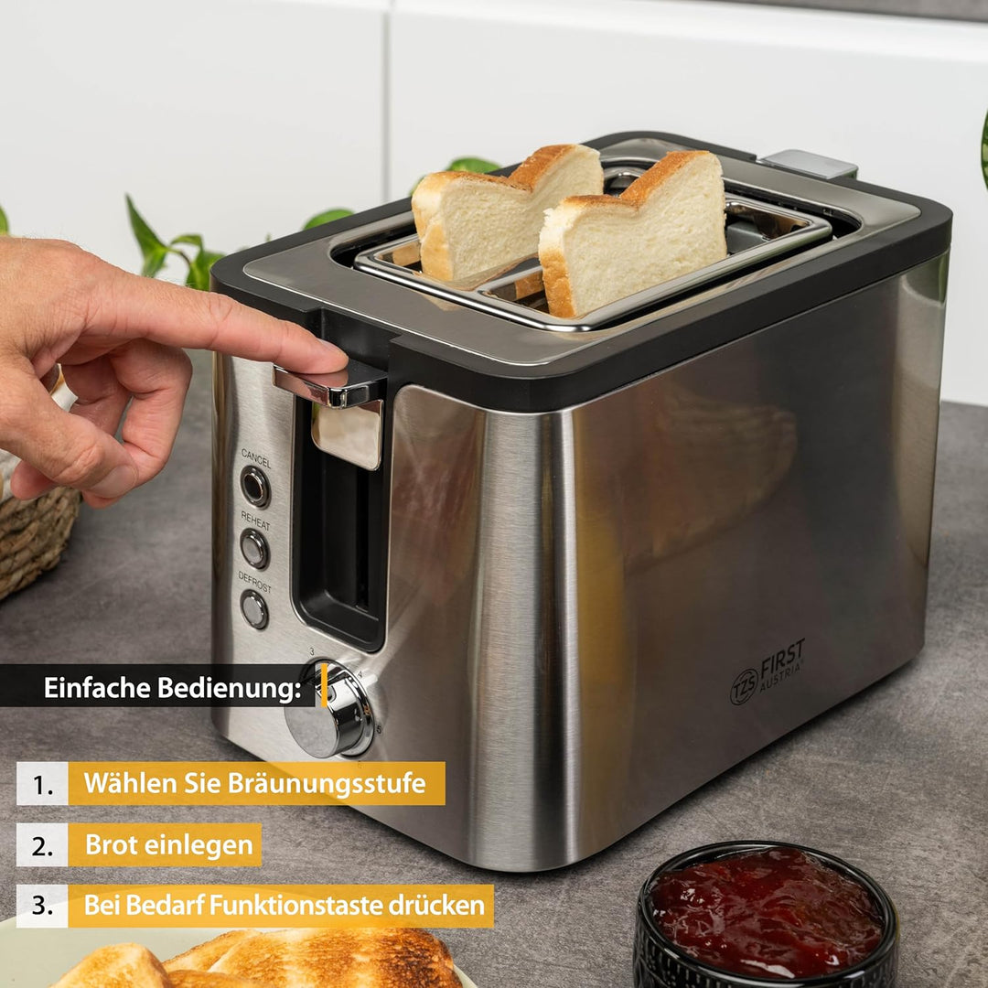 TZS First Austria Edelstahl 2-Scheiben Toaster | 6 Bräunungsstufen, Auftau- und Aufwärmfunktion | in