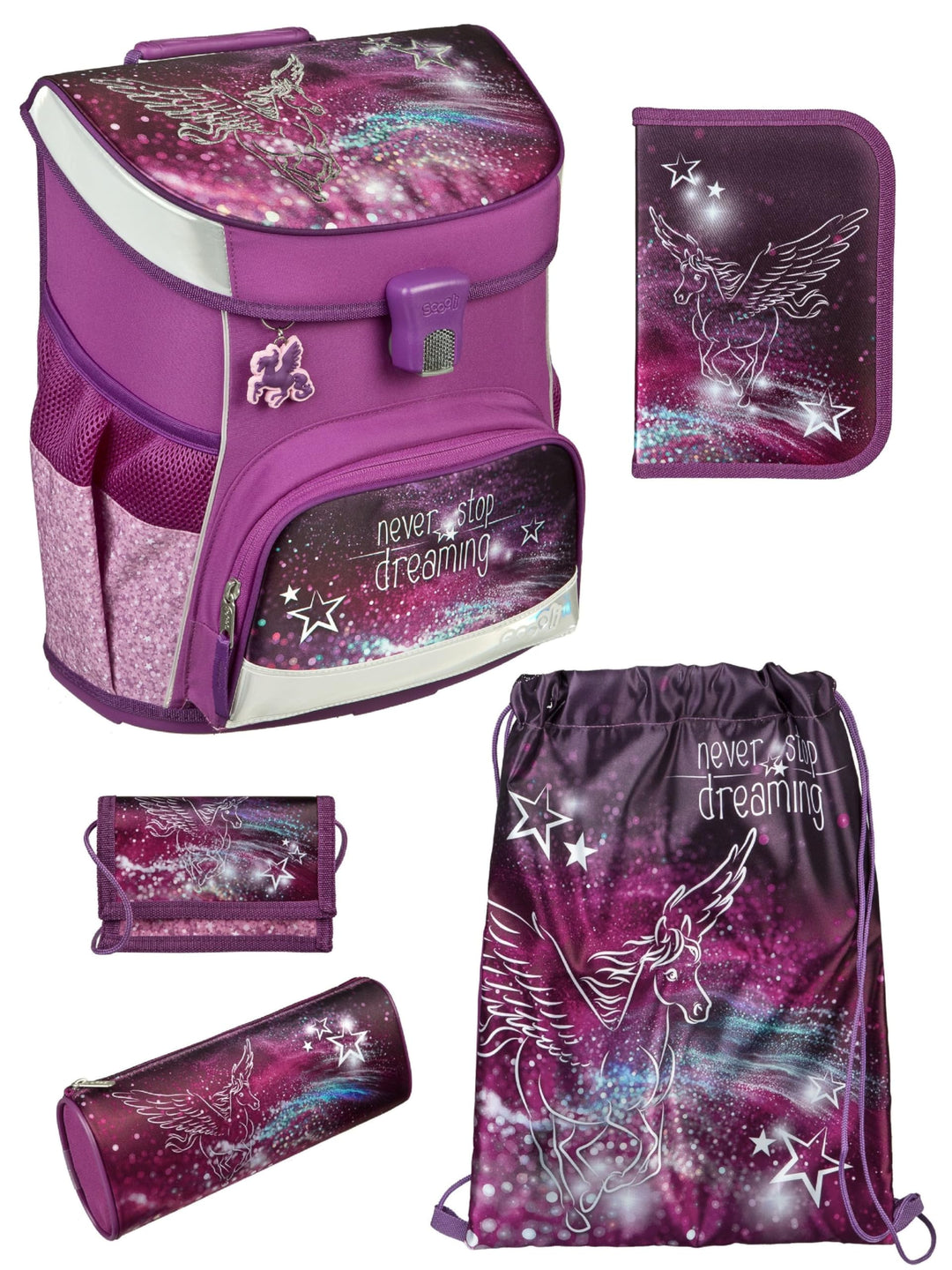 Familando - Scooli Campus Fit Schulranzen Set - 5-teilig mit Federmappe - Pegasus Violett - Ergonomi