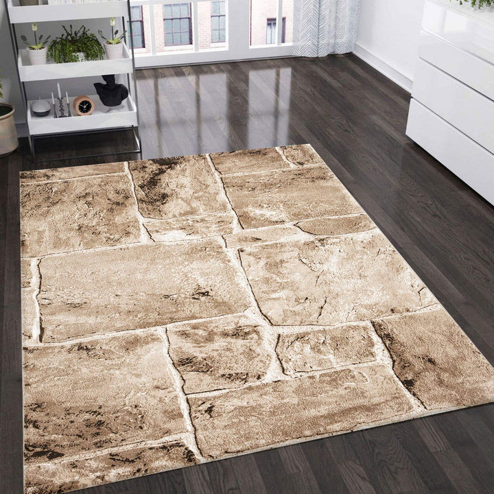 VIMODA Teppich Modern Stein Mauer Optik in Beige Braun, Masse:120 x 170 cm, 120 x 170 cm