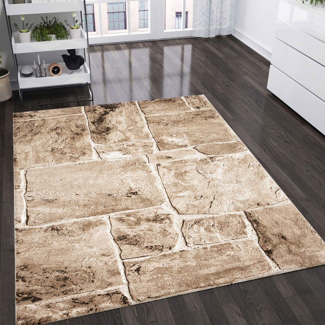 VIMODA Teppich Modern Stein Mauer Optik in Beige Braun, Masse:200 x 290 cm