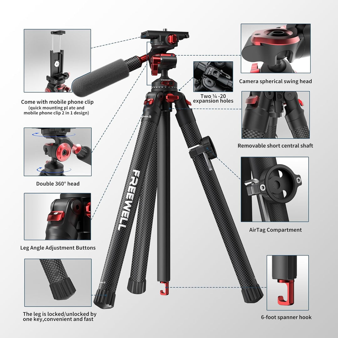 Freewell Carbon Fiber Reisestativ 59.1“ Leichtgewicht 1.98 lbs Foto/Video 360° Kugelkopf (Max Load 5
