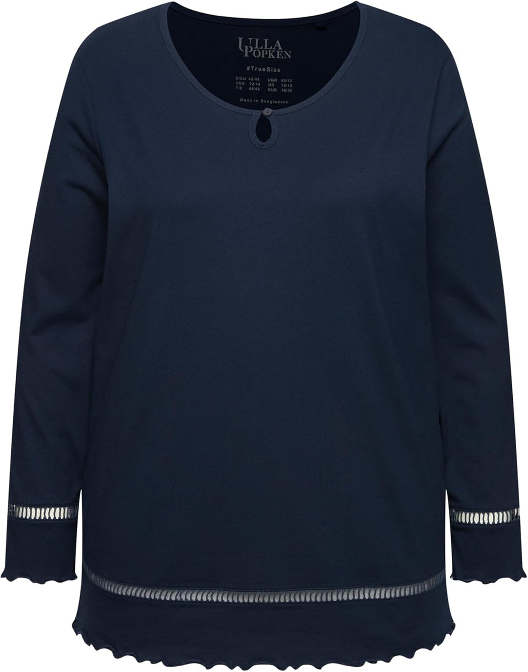 Ulla Popken Damen Pyjama, Hohlsaum, Wellenkanten, Rundhals, Langarm Schlafanzüge, Nachtblau