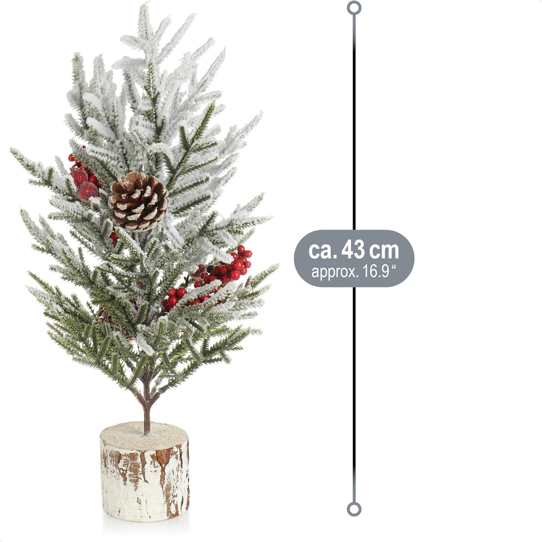 com-four® Deko-Baum Weihnachten - Kleiner Schmuckbaum mit roten Beeren, Dekoschnee, Zapfen - Tischde