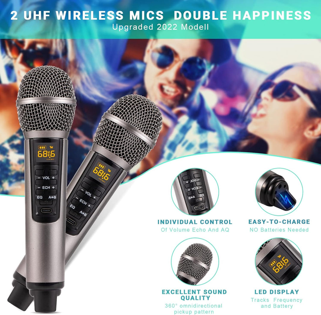 Karaoke Maschine,Bluetooth Karaoke Anlage für Erwachsene und Kinder, Tragbares PA-System mit 2 Mikro