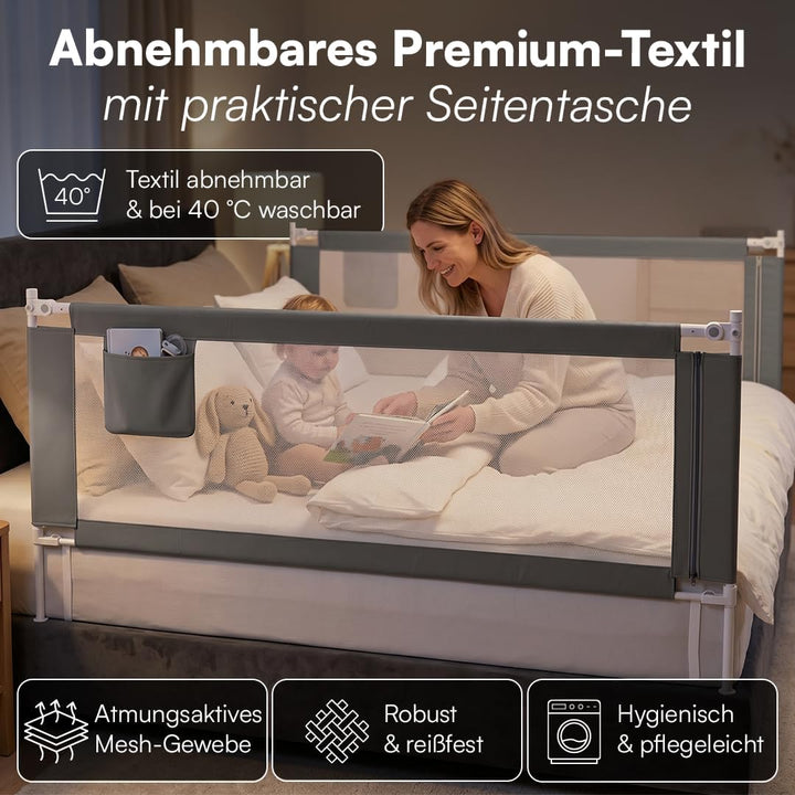 Bellabino Drina Rausfallschutz 150 cm, mit Sicherheitsgurt, Dunkelgrau | Bettschutzgitter, Bettgitte