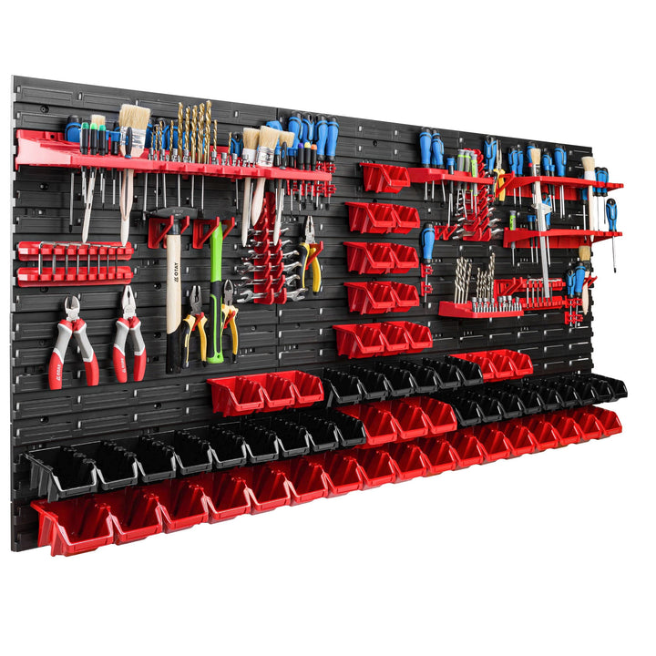 Lagersystem Werkstattregal | 172 x 78 cm | 60 stck. Box | Wandregal mit Werkzeughalterungen und Stap