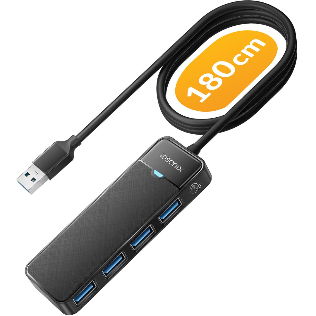 iDsonix USB Hub 3.0 mit verlängertem 180cm Kabel, USB Splitter 3.2 Gen 1 USB Verteiler, 5Gbps USB Er