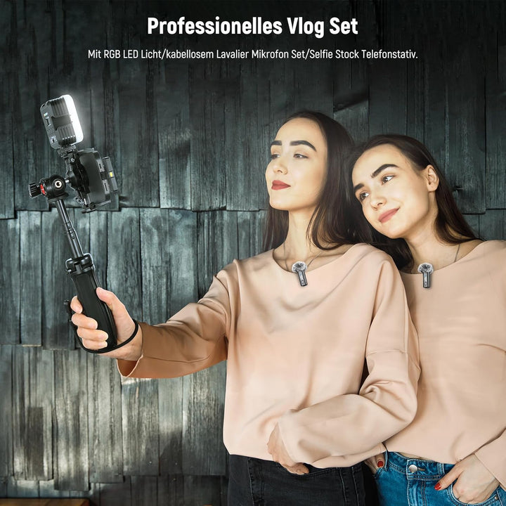 NEEWER Vlogging Set für Handy mit RGB LED Licht/Lavalier Funkmikrofon System/Mini Stativ/Handy Käfig