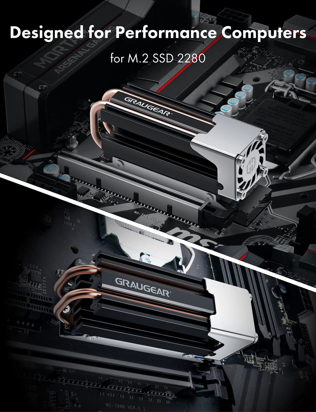 GRAUGEAR | Heatpipe Kühler mit Lüfter | Kühlköper für M.2 NVMe (2280) | aktive | 25mm PWM-Lüfter | g