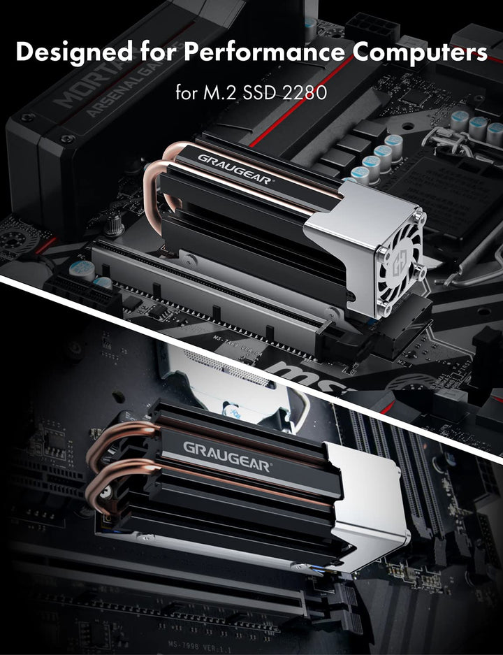 GRAUGEAR | Heatpipe Kühler mit Lüfter | Kühlköper für M.2 NVMe (2280) | aktive | 25mm PWM-Lüfter | g