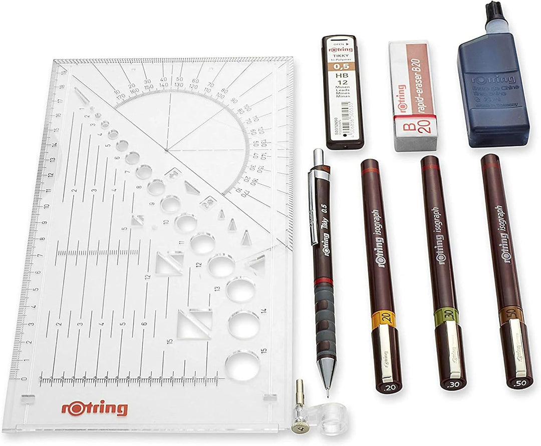 rOtring Isograph Fineliner College Set | 3 Isograph Tuschefüller (0,20 mm, 0,30 mm und 0,50 mm), Tik