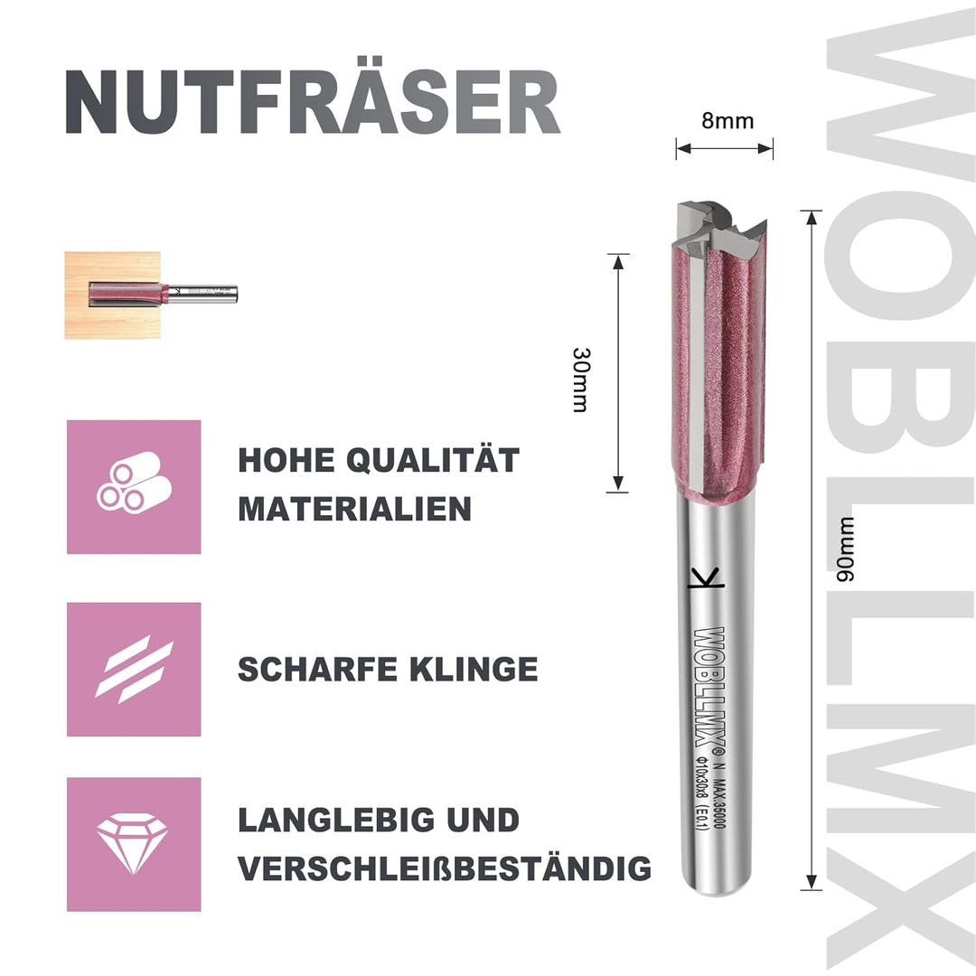 3 Klingen Nutfräser 8mm Schaft,Ø8mm Arbeitslänge 30mm Professional Hartmetall Bestückt Nutfräser Sta