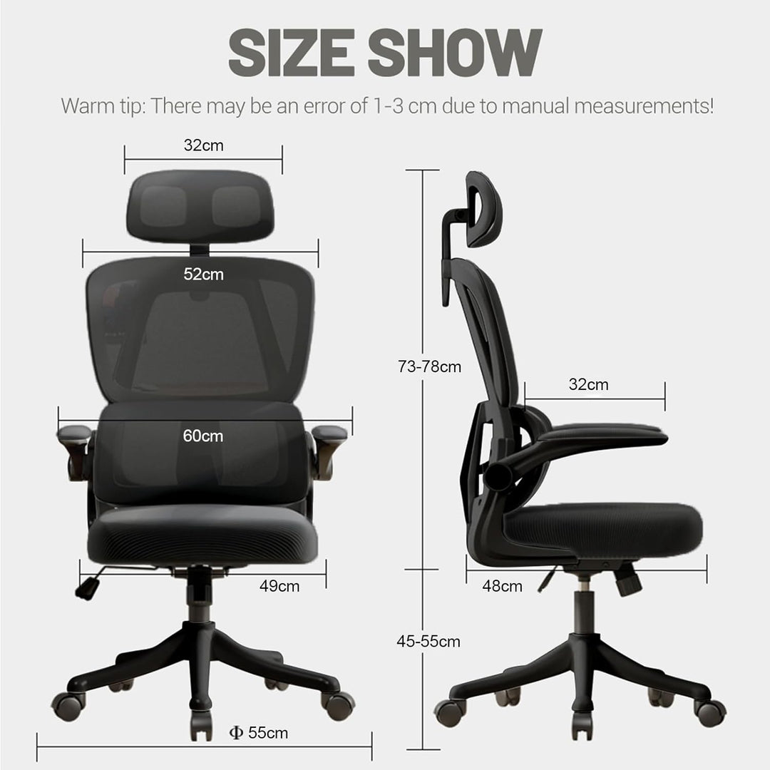 Ergonomischer Bürostuhl – Schwarz | Hochlehner Netz-Bürostuhl mit Lendenstütze,Klappbaren Armlehnen