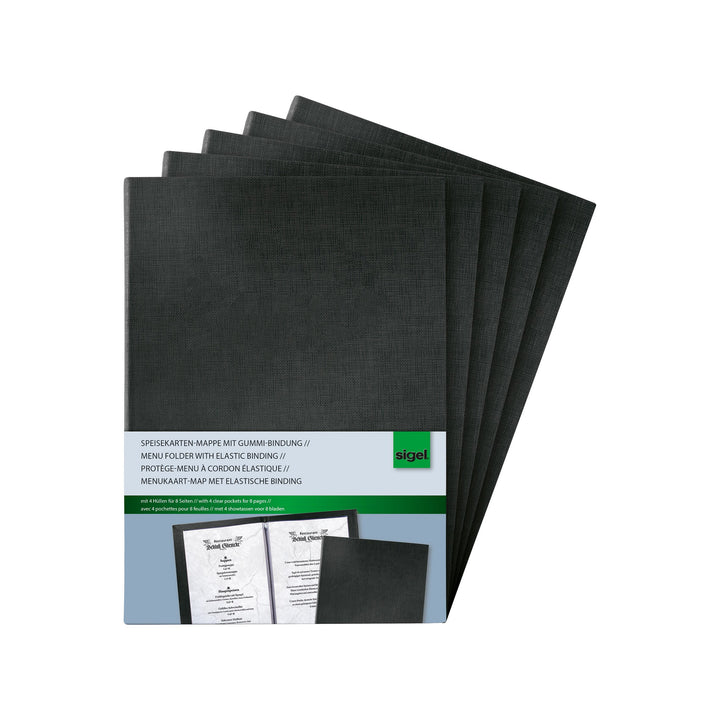 SIGEL SM115/5 Speisekarten-Mappen / Präsentationsmappen mit Gummi-Bindung für A5, 5-er Pack, schwarz