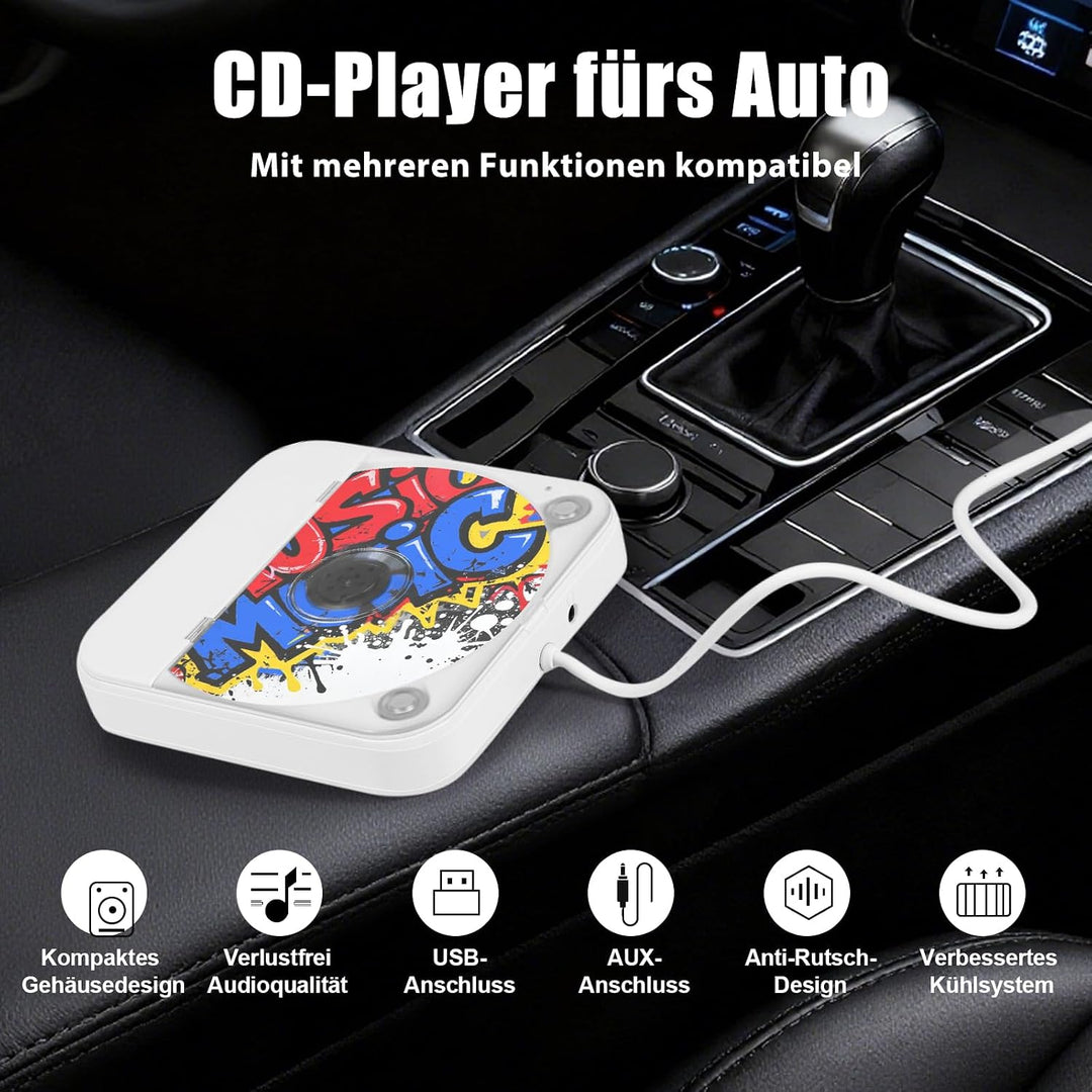 Externer CD Player für Auto mit USB/AUX Anschluss, Plug & Play | Stossfestes Design | Breites Anwend