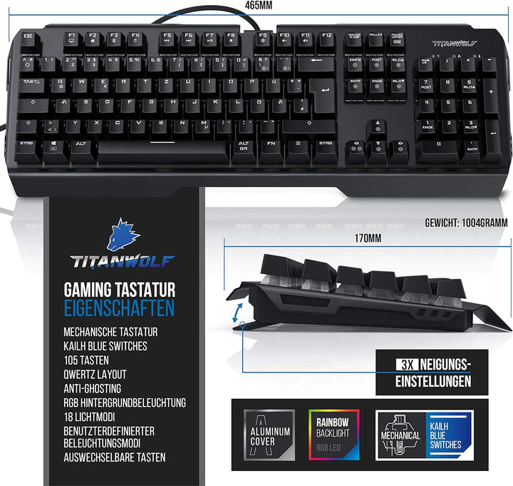 TITANWOLF Tastatur und Maus Set und Mauspad, Mechanische Tastatur ALUMAR MMO 10800dpi Gaming Maus Sp