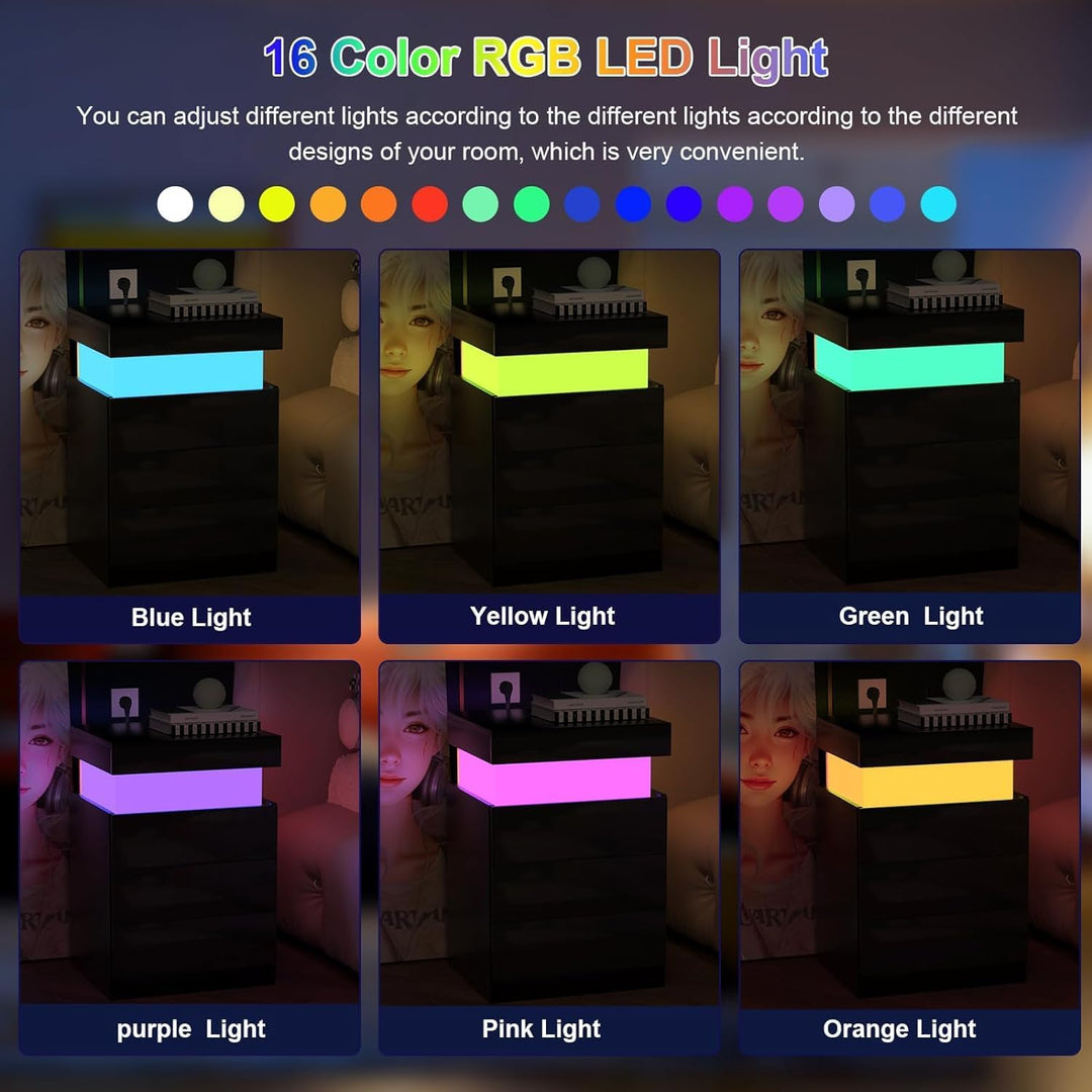 PIPIPOXER Nachttisch mit LED Licht und Steckdose,Beistelltisch in Schwarz aus Hochglanz Brett mit Sc