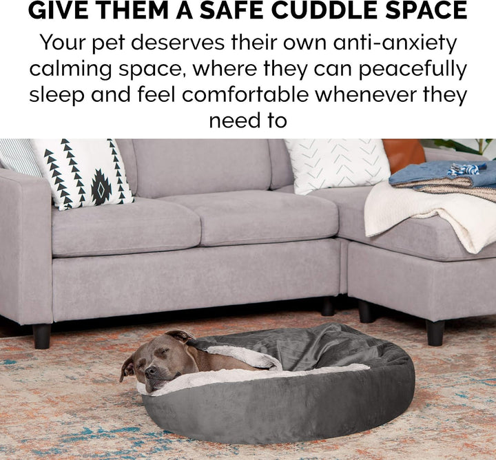 Furhaven 27" Round Medium Donut Dog Bed Plush Velvet Waves Hooded Calming Cuddler, Washable - Dark G
