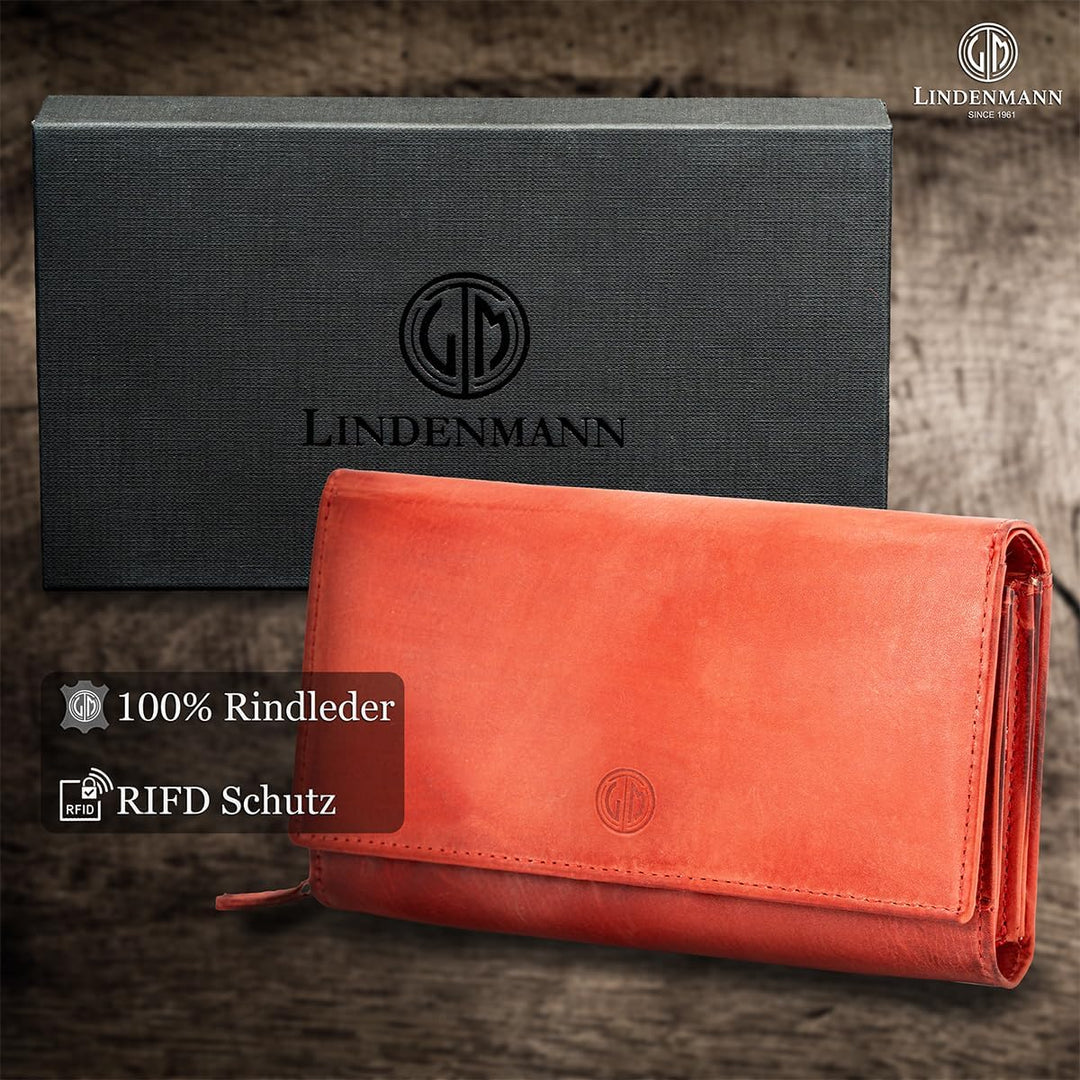 LINDENMANN Geldbeutel Damen/Damen Portemonnaie, Vollrindleder genarbt, rot