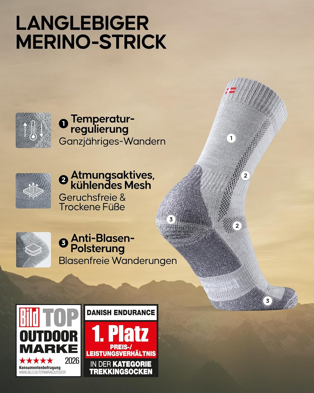 DANISH ENDURANCE Merino Wandersocken, Wollsocken, Merino Socken, Trekkingsocken, Atmungsaktiv & Star