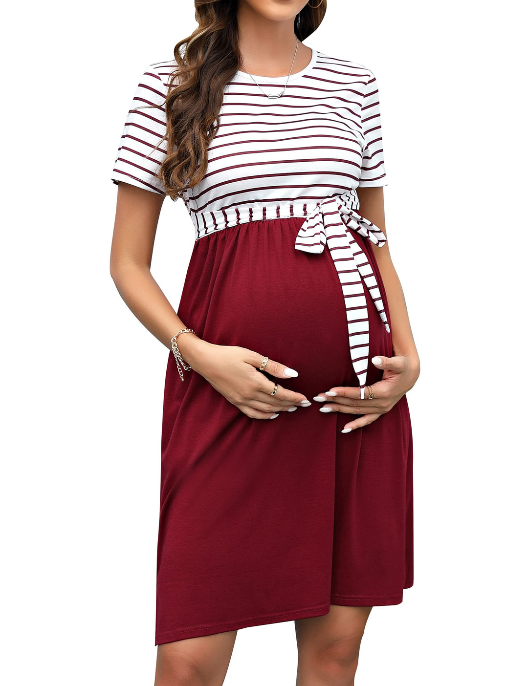 KOJOOIN Damen Umstandskleid Rundhalsausschnitt Gestreiftes Schwangerschaftskleid 3/4 Ärmel Casual Um
