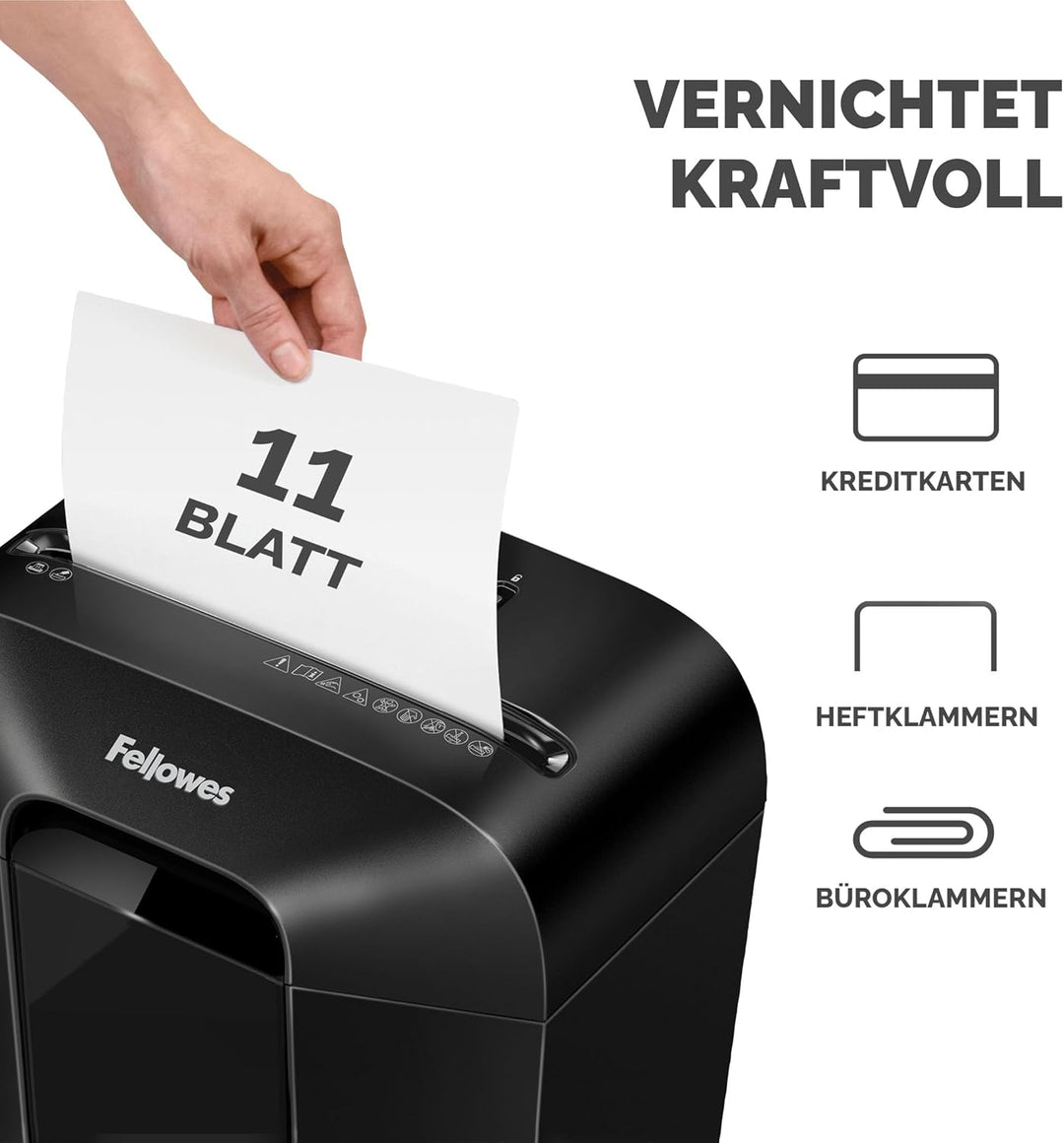 Fellowes Aktenvernichter 11 Blatt (P4), Papierschredder mit Partikelschnitt für Homeoffice und Büro,