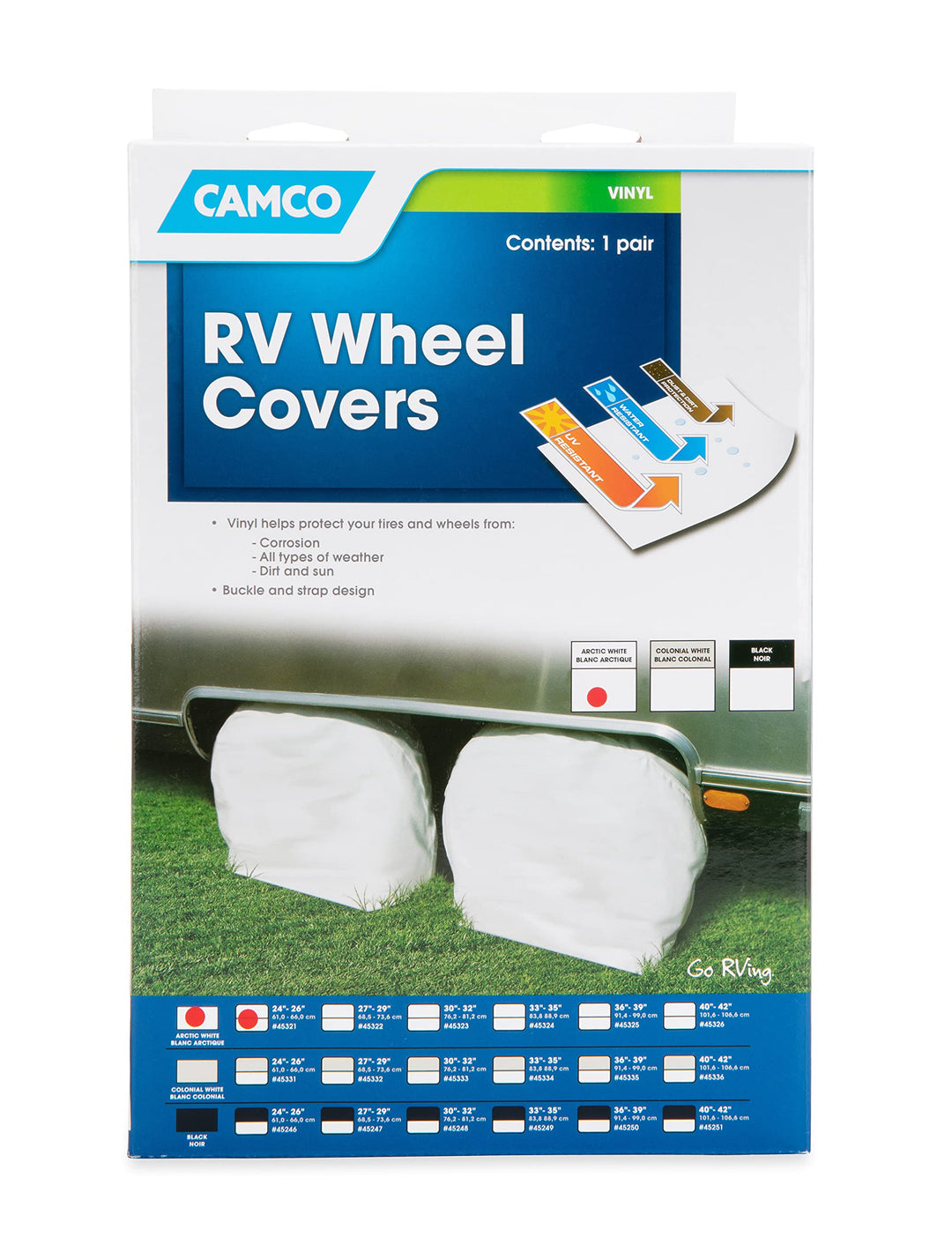 Camco 45321 Vinyl-Rad- und Reifenschutz, 2 Stück (61 cm - 66 cm, weiss). 24-26" weiss, 24-26" weiss
